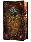 Das Produktbild zeigt mittig eine mit Efeu überwachsene Krone. Unter dieser steht der Titel des Buches, oberhalb der Krone steht der Name des Autors. Die Grundfarbe des Covers ist dunkelbraun. In den Ecken werden verschnörkelte Verzierungen abgebildet. Es rankt sich Efeu über die Ränder Richtung Krone. Der Farbschnitt zeigt eine Frau im Seitenprofil, welche eine große Krone trägt. Im unteren Teil des Farbschnitts sieht man ein Langschwert. Der Farbschnitt ist in dem gleichen dunkelbraun wie das Cover.