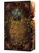 Das Produktbild zeigt mittig eine mit Efeu überwachsene Krone. Unter dieser steht der Titel des Buches, oberhalb der Krone steht der Name des Autors. Die Grundfarbe des Covers ist dunkelbraun. In den Ecken werden verschnörkelte Verzierungen abgebildet. Es rankt sich Efeu über die Ränder Richtung Krone. Der Farbschnitt zeigt eine Frau im Seitenprofil, welche eine große Krone trägt. Im unteren Teil des Farbschnitts sieht man ein Langschwert. Der Farbschnitt ist in dem gleichen dunkelbraun wie das Cover.