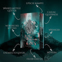 Das Bild zeigt das Buch "Lied des ungezähmten Eises" von Yara Elison. Darum sind die enthaltenen Tropes angeordnet: Epische Kämpfe, Casual Queerness, Wikinger, Wyvern, Feuer und Eis, Enemies-to-Lovers, Nordisches Setting, Wankelmütige Götter
