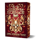 Das dunkelrote Cover zeigt mittig eine Fuchsmaske, darüber den Titel in großen Buchstaben und eine Lotusblüte, alles in Gold.  Umrandet wird alles von goldenen Ornamenten und roten Blütenblättern. Auf dem dunkelroten Farbschnitt sind ebenfalls eine goldene Fuchsmaske und goldene Ornamente.