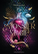 Das Cover zeigt mittig eine Phiole mit einer pinken Flüssigkeit. Der Titel steht mittig auf dem Cover, der Name der Autorin sdarüber. Im Hintergrund sind blau-grün-rosa schillernde Schuppen abgebildet. Die Phiole wird umrundet von zwei kleinen Wolkenmonstern, goldenen Federn und Krakenarmen. Der Rest des Hintergrunds ist schwarz.