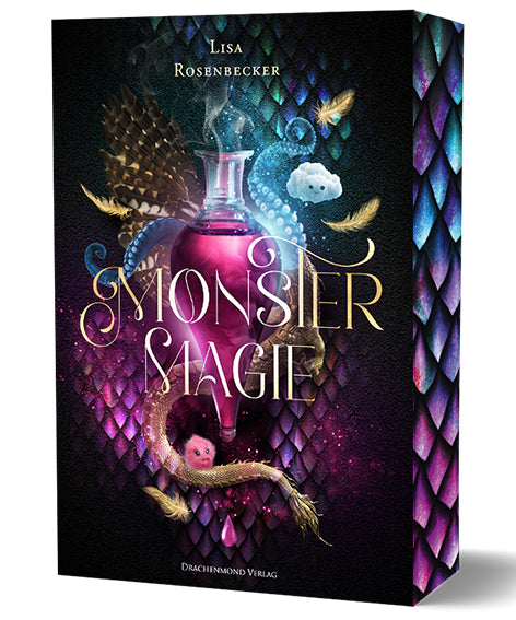 Das Cover zeigt mittig eine Phiole mit einer pinken Flüssigkeit. Der Titel steht mittig auf dem Cover, der Name der Autorin sdarüber. Im Hintergrund sind blau-grün-rosa schillernde Schuppen abgebildet. Die Phiole wird umrundet von zwei kleinen Wolkenmonstern, goldenen Federn und Krakenarmen. Der Rest des Hintergrunds ist schwarz.