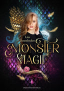Das Cover zeigt mittig eine junge Frau in einem schwarzen Langarmshirt mit blonden Haaren. Der Titel steht mittig auf dem Cover, der Name der Autorin steht oberhalb des Titels. Hinter der jungen Frau sind blau-grün-rosa schillernde Schuppen abgebildet. Sie wird umrundet von zwei kleinen Wolkenmonstern. Der Rest des Hintergrundes ist schwarz.
