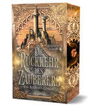 Das Bild zeigt das Cover von "Rodinia - Die Rückkehr des Zauberers". Im unteren Bereich steht der Titel in großen goldenen Buchstaben. Im oberen Bereich ist eine Stadt mit zwei hohen Türmen abgebildet.  Am Rand ist das Cover mit verschiedene goldene Schmuckelemente verziert.