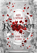 Das Cover zeigt einen gesprungenen runden weiß-grauen Spiegel, der mit zahlreichen Ornamenten verziert ist. Aus der Mitte quellen rote Rosen und Rosenblätter hervor, die sich über das Cover und über den grau-weißen Buchschnitt verteilen. Davor steht in großen schwarzen Buchstaben der Titel. Ein mit Blumen verzierter silber-grauer Rahmen umrandet die Szenerie.