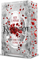 Das Cover zeigt einen gesprungenen runden weiß-grauen Spiegel, der mit zahlreichen Ornamenten verziert ist. Aus der Mitte quellen rote Rosen und Rosenblätter hervor, die sich über das Cover und über den grau-weißen Buchschnitt verteilen. Davor steht in großen schwarzen Buchstaben der Titel. Ein mit Blumen verzierter silber-grauer Rahmen umrandet die Szenerie.