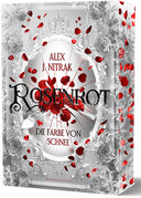 Das Cover zeigt einen gesprungenen runden weiß-grauen Spiegel, der mit zahlreichen Ornamenten verziert ist. Aus der Mitte quellen rote Rosen und Rosenblätter hervor, die sich über das Cover und über den grau-weißen Buchschnitt verteilen. Davor steht in großen schwarzen Buchstaben der Titel. Ein mit Blumen verzierter silber-grauer Rahmen umrandet die Szenerie.