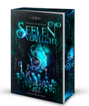 Das Cover zeigt eine Bibliothek, auf deren Boden mittig verschiedene Kerzen und Phiolen angeordnet sind. Mittig ist eine große Phiole inmitten eines Wasserstrudels. Der Titel steht in großen Buchstaben darüber. Sowohl Cover als auch Buchschnitt sind in Türkis- und Violetttönen gehalten. 