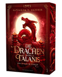 Das Cover zeigt einen roten chinesischen Drachen vor einem leuchtenden Vollmond. Im Hintergrund sind zwei hohe Pagoden abgebildet. Das Cover ist kompett in Rottönen gehalten mit einem bronzefarbenen Rahmen. Titel und Autorinnename sind von gleicher Farbe. Der Buchschnitt ist rot zeigt den Drachen vom Cover.