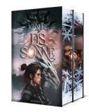 Das Bild zeigt das Cover und Farbschnitt von "Of Ice and Fire - Eissonne" und dahinter den Farbschnitt des zweiten Bandes. Beide Farbschnitte sind nebeneinander abgebildet. Auf dem Farbschnitt des zweiten Bands ist die Protagonistin abgebildet.