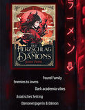 Das Bild zeigt im oberen Bereich das Buchcover, darunter sind die Tropes zu sehen: Found Family, Enemies to Lovers, Dark Academia Vibes, Asiatisches Setting, Dämonenjägerin & Dämon