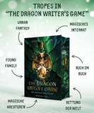 Das Bild zeigt mittig das Buch "The Dragon Writer's Game". Drumherum stehen die verschiedenen Tropes, die das Buch betreffen: Urban Fantasy, Magisches Internat, Buch im Buch, Rettung der Welt, magische Kreaturen, Found Family