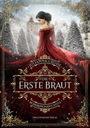 Das Cover zeigt eine dunkelhaarige Frau in einem langen roten schulterfreien Ballkleid. Im Hintergrund führt eine verschneite Buchsbaumallee zu einem Herrenhaus.