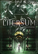 Das grünliche Cover zeigt den Mittelgang einer Bibliothek von dem mehrere Buchregalreihen abzweigen, durch den eine Frau geht. Mittig ist ein goldener Lichtstrahl im Titel und im oberen Bereich steigt weißer Rauch auf. Leuchtende Lichtpunkte sind im oberen Teil des Covers verteilt. 