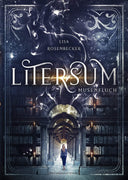 Das bläuliche Cover zeigt den Mittelgang einer Bibliothek von dem mehrere Buchregalreihen abzweigen, durch den eine Frau geht. Mittig ist ein goldener Lichtstrahl im Titel und im oberen Bereich steigt weißer Rauch auf. Leuchtende Lichtpunkte sind im oberen Teil des Covers verteilt. 